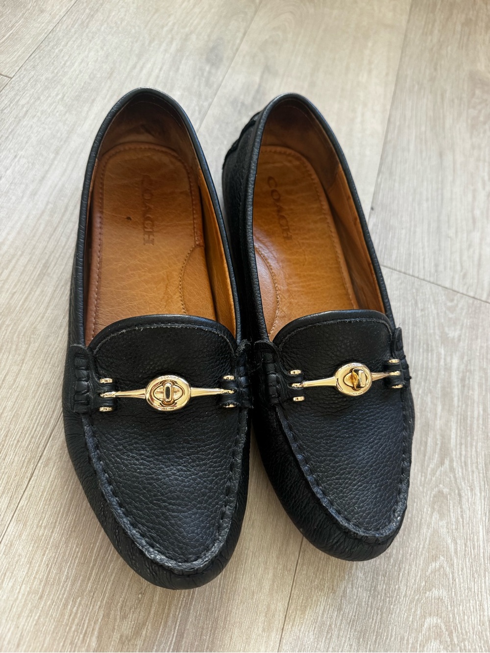 Coach Arlene Black Pebbled Leather  Women's Slip-On Loafers with Gold Accent